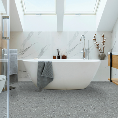 stone look luxury vinyl flooring in bathroom