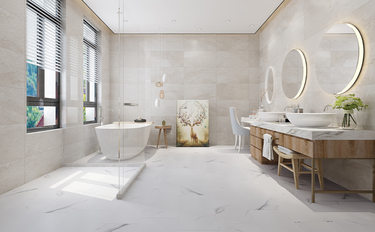 bathroom with circular mirrors and 2 windows